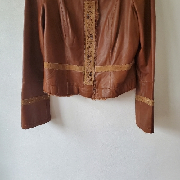 Vtg Y2K Cache Lamb Leather Fur Trim Sueded Gemstone Jacket Size Medium - Picture 4 of 16